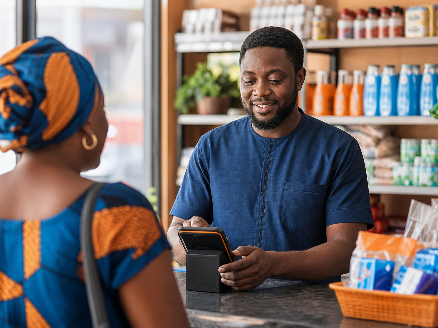 Small-business operator serving a customer with an EazSell Android POS at a retail counter.