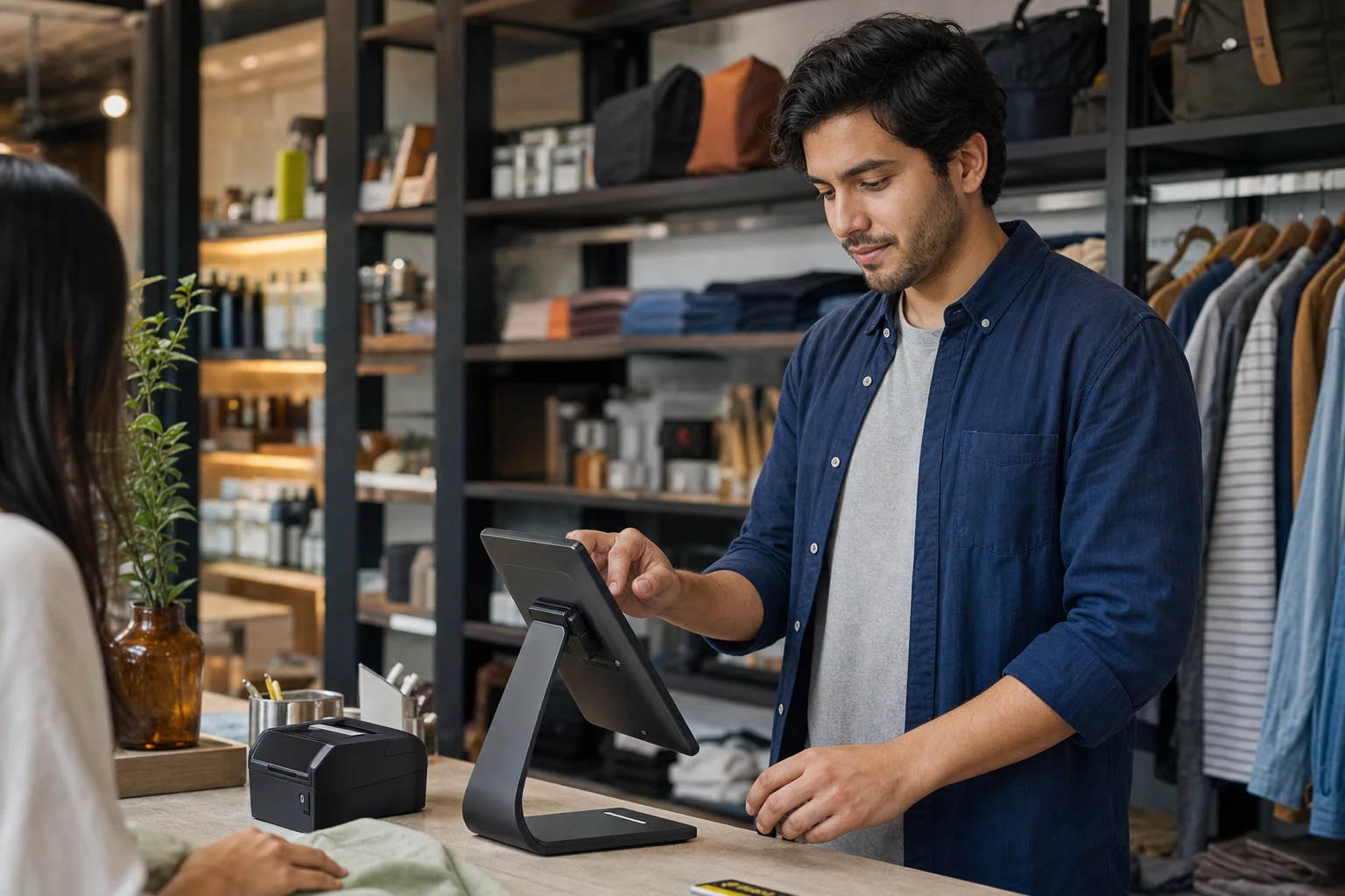 Independent shop operator completing a customer checkout on an Android point-of-sale terminal.