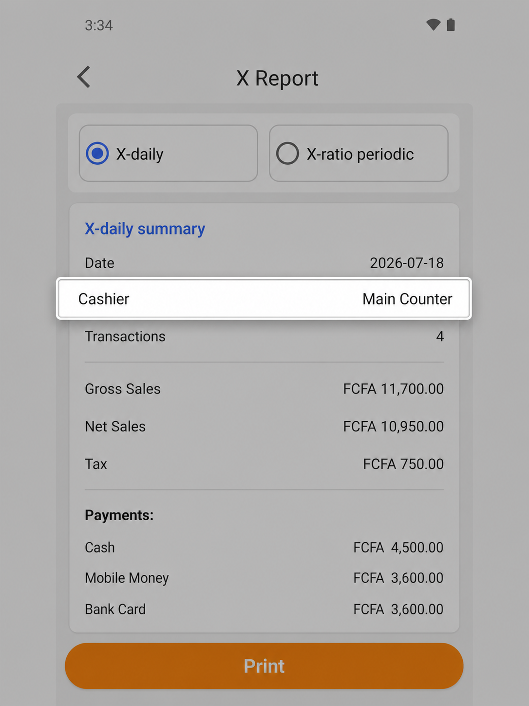 EazSell Android X report highlighting the cashier identity attached to the reporting period.