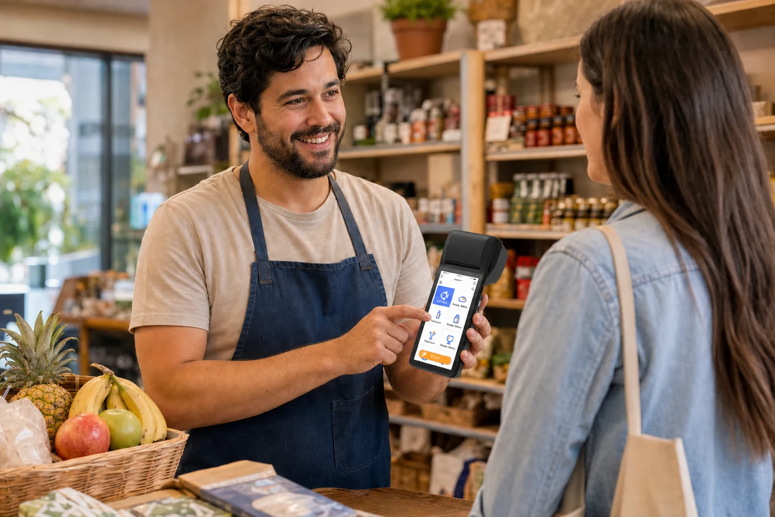 A shop owner operating a Fis-MINI fiscal POS while speaking with a customer.