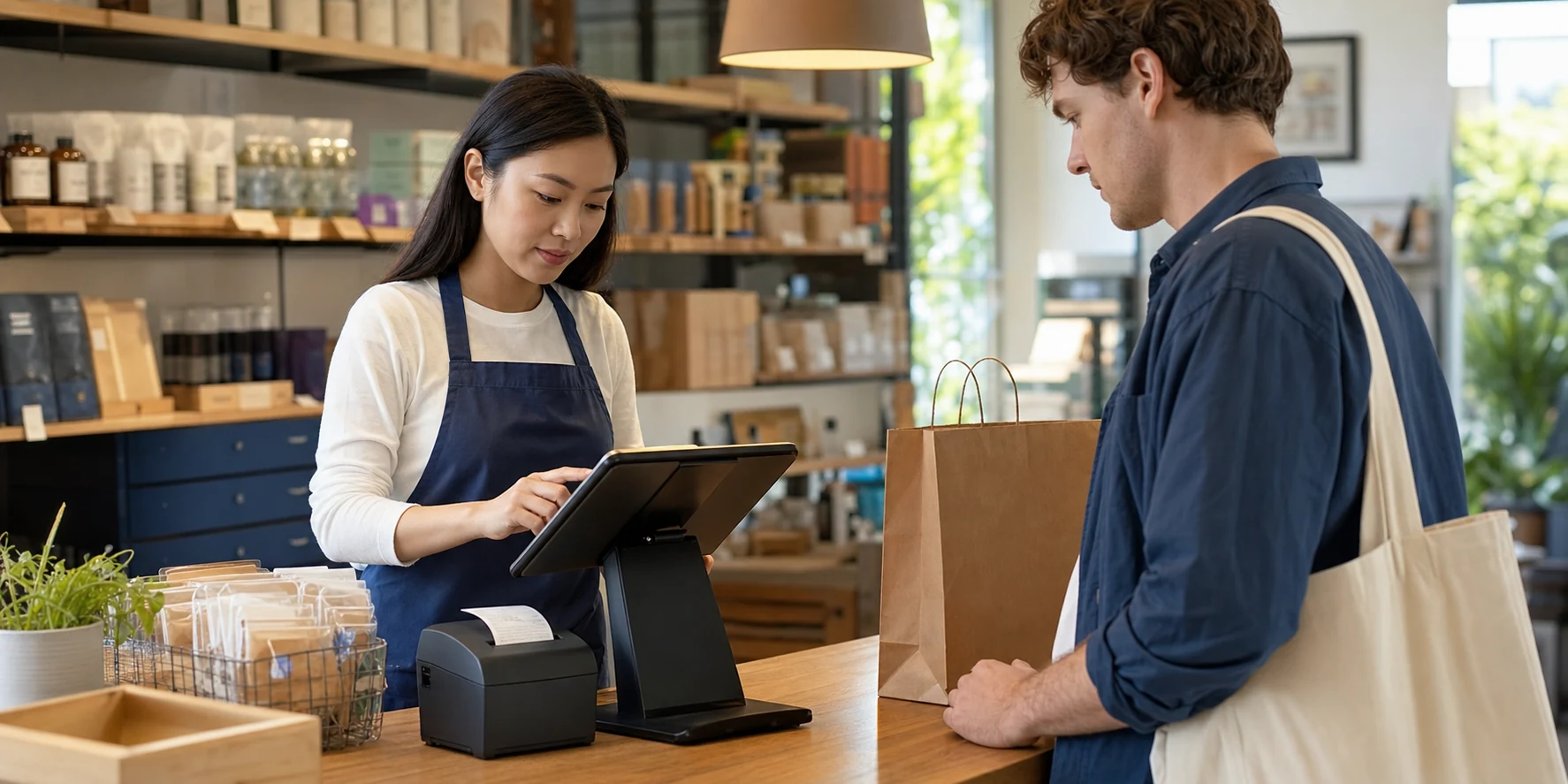 Retail operator completing a customer sale on an Android POS beside a receipt printer in a globally neutral shop.