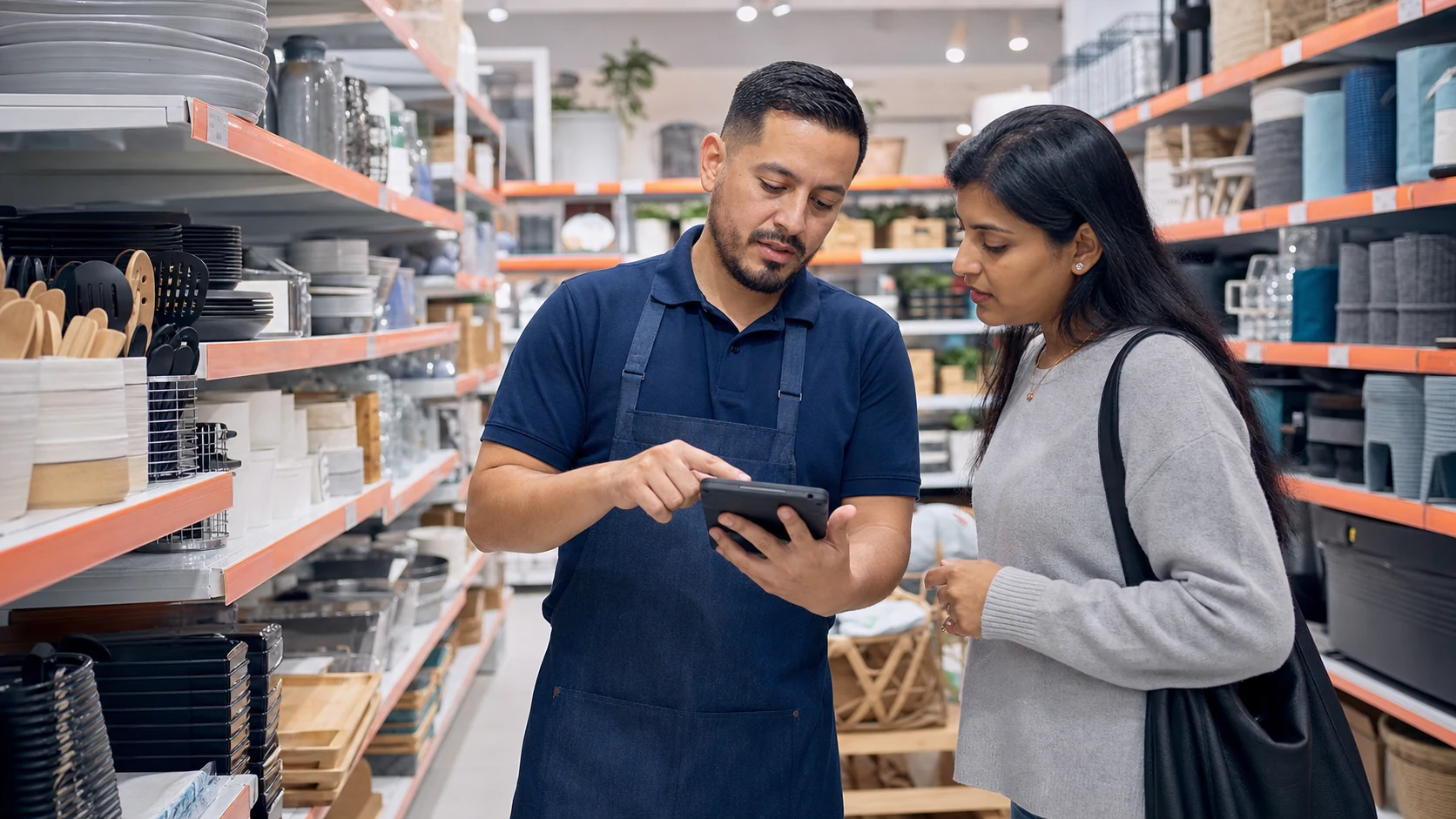 Retail associate assisting a customer with a handheld Android POS in a globally neutral shop aisle.