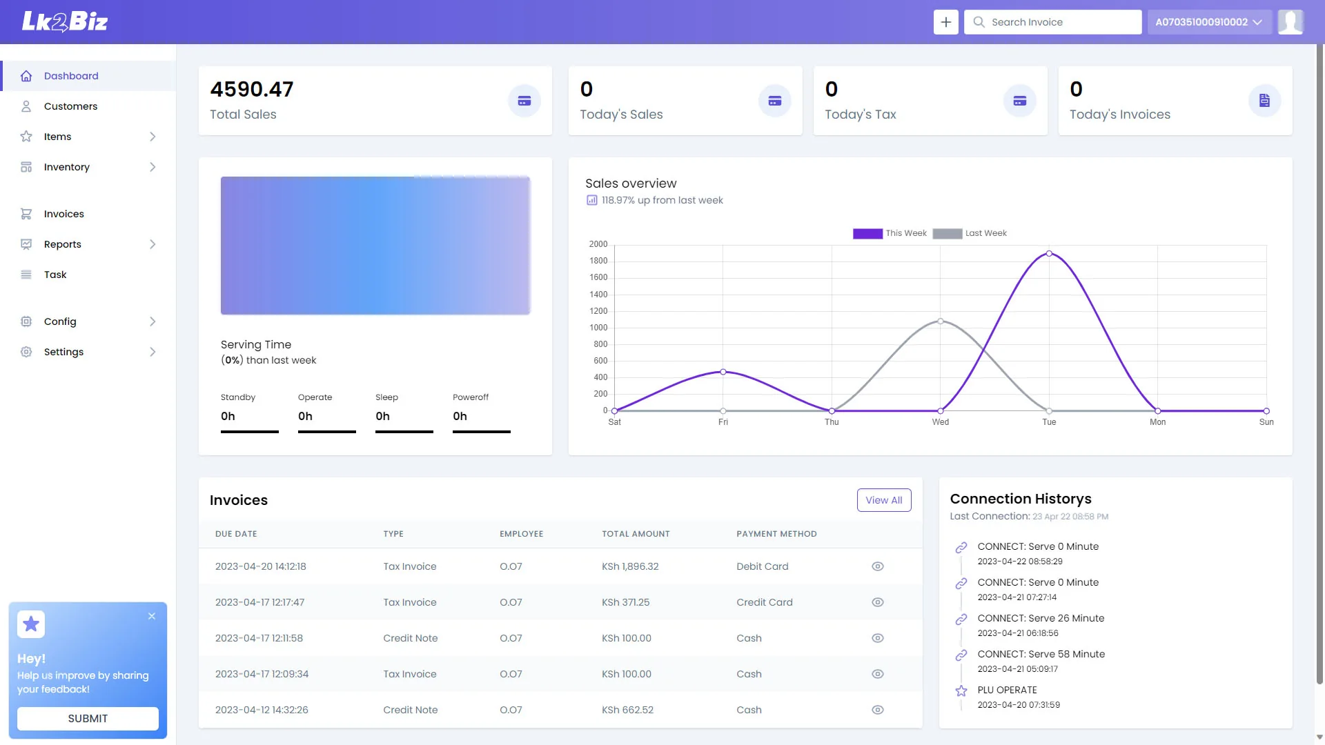 Lk2Biz sales dashboard showing revenue, sales trends and recent invoices